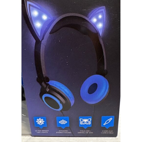 Hype Cat Ears LED Headphones With Mic InLine Microphone Adjustable Foldable Blue - Picture 2 of 4